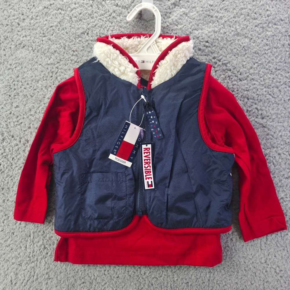 Tommy Hilfiger Toddler 3T Reversible Vest & Shirt Set Red Navy 2000 Holiday Y2K